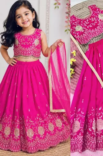 Kids pink color lehenga choli with Dupatta embroidery work