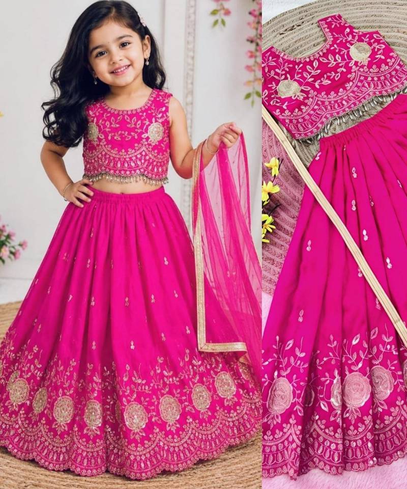 Kids pink color lehenga choli with Dupatta embroidery work