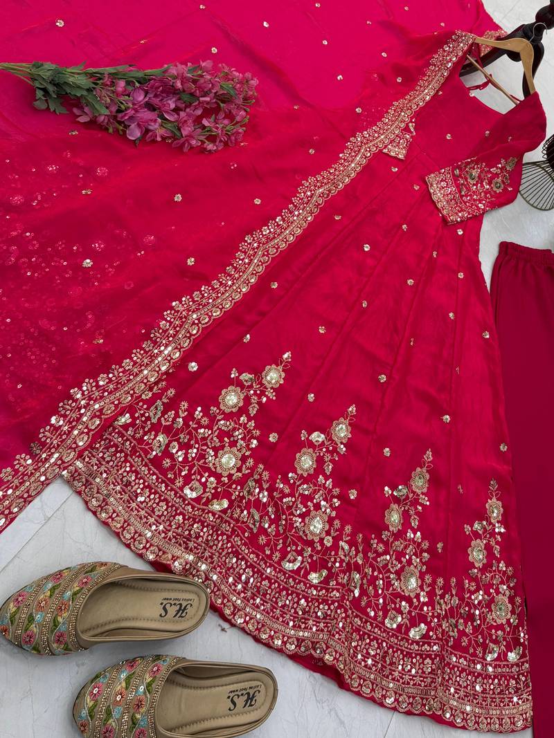 Pink fendy silk embroidered stitched kurta set