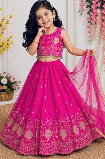 Kids pink color lehenga choli with Dupatta embroidery work