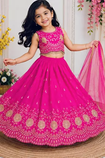 Kids pink color lehenga choli with Dupatta embroidery work