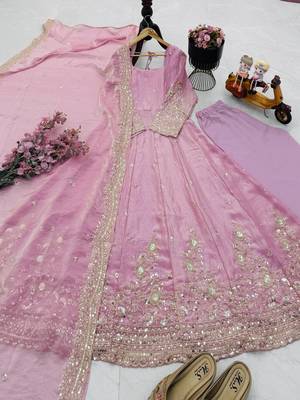 Baby pink silk embroidered stitched kurta set 1