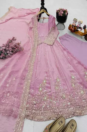 Baby pink silk embroidered stitched kurta set