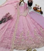 Baby pink silk embroidered stitched kurta set