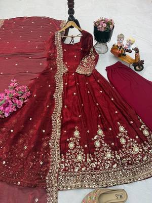 Maroon fendy silk embroidered stitched kurta set 1