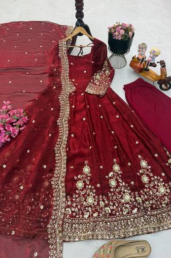 Maroon fendy silk embroidered stitched kurta set