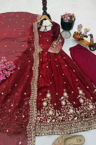 Maroon fendy silk embroidered stitched kurta set