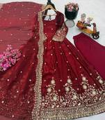 Maroon fendy silk embroidered stitched kurta set