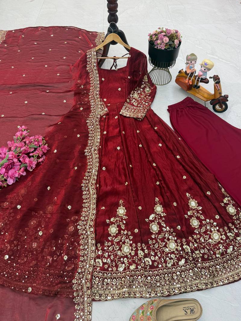 Maroon fendy silk embroidered stitched kurta set