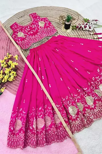 Kids pink color lehenga choli with Dupatta embroidery work