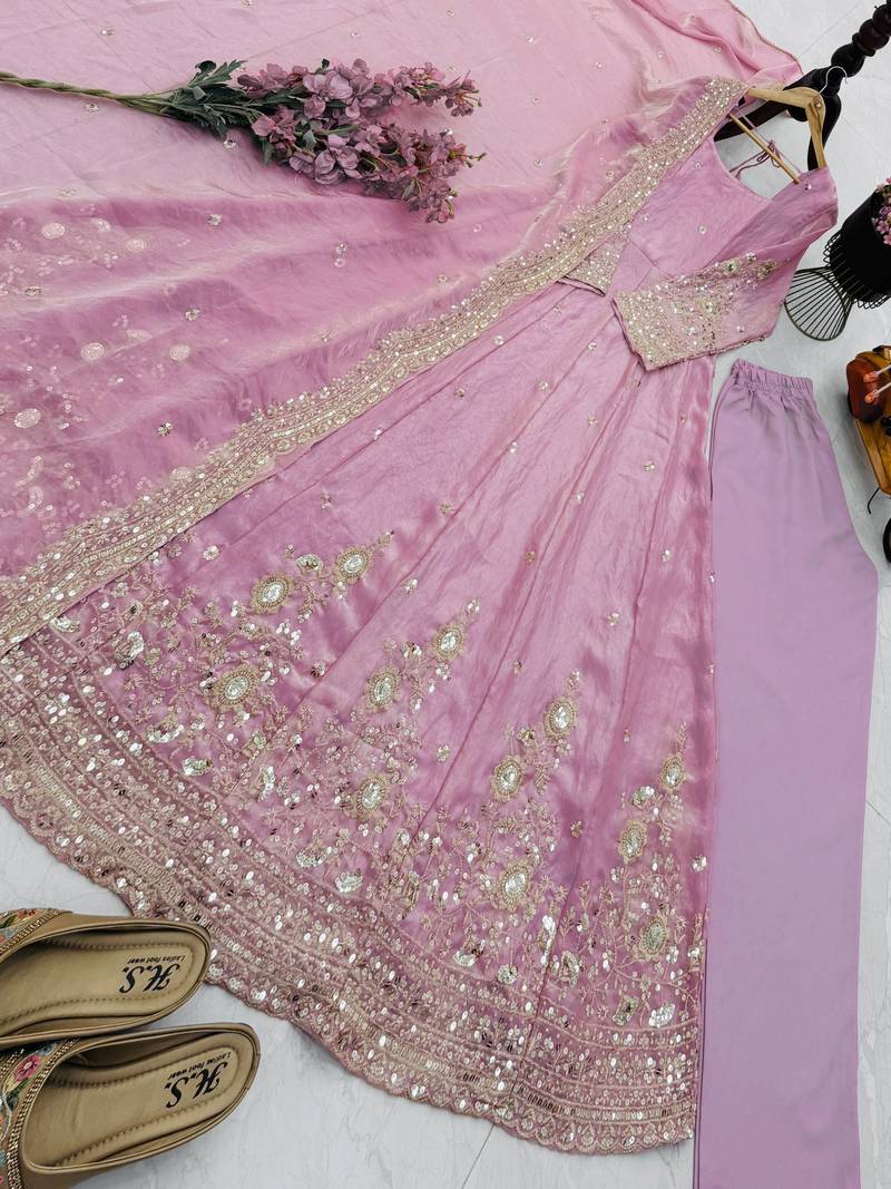 Baby pink silk embroidered stitched kurta set