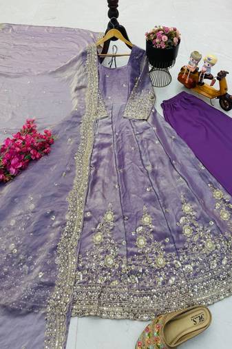 Lavender fendy silk embroidered stitched kurta set