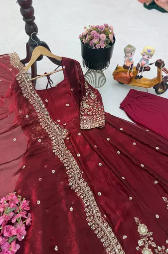 Maroon fendy silk embroidered stitched kurta set