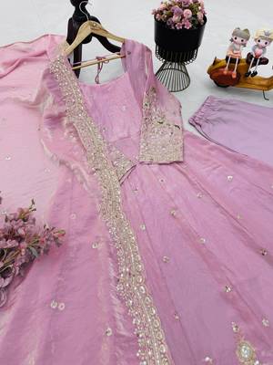 Baby pink silk embroidered stitched kurta set 3