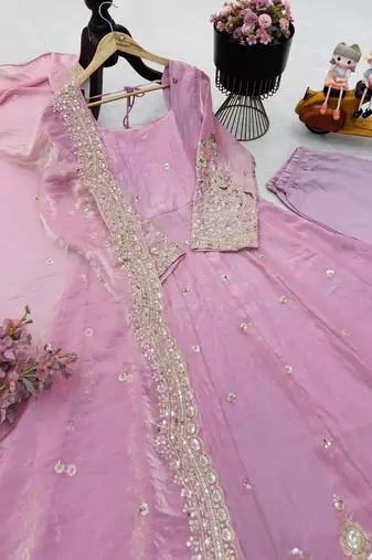 Baby pink silk embroidered stitched kurta set