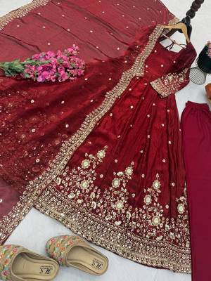 Maroon fendy silk embroidered stitched kurta set 3