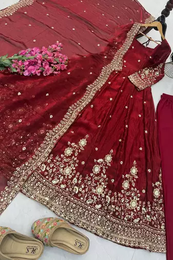 Maroon fendy silk embroidered stitched kurta set