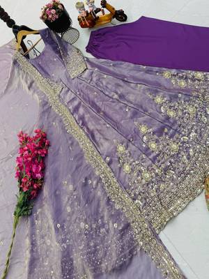 Lavender fendy silk embroidered stitched kurta set 4