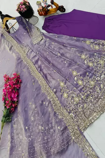 Lavender fendy silk embroidered stitched kurta set