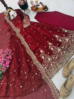 Maroon fendy silk embroidered stitched kurta set 4