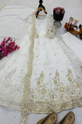 White fendy silk embroidered stitched kurta set