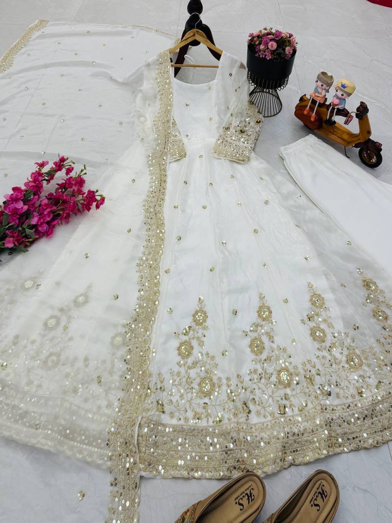 White fendy silk embroidered stitched kurta set