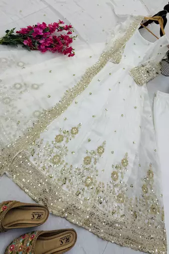 White fendy silk embroidered stitched kurta set