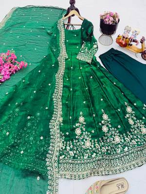 Green fendy silk embroidered stitched kurta set 1