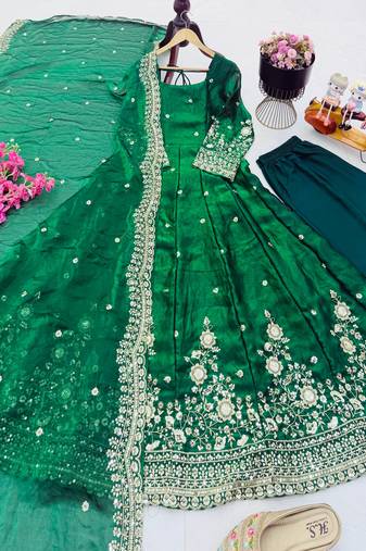 Green fendy silk embroidered stitched kurta set