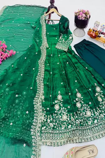 Green fendy silk embroidered stitched kurta set