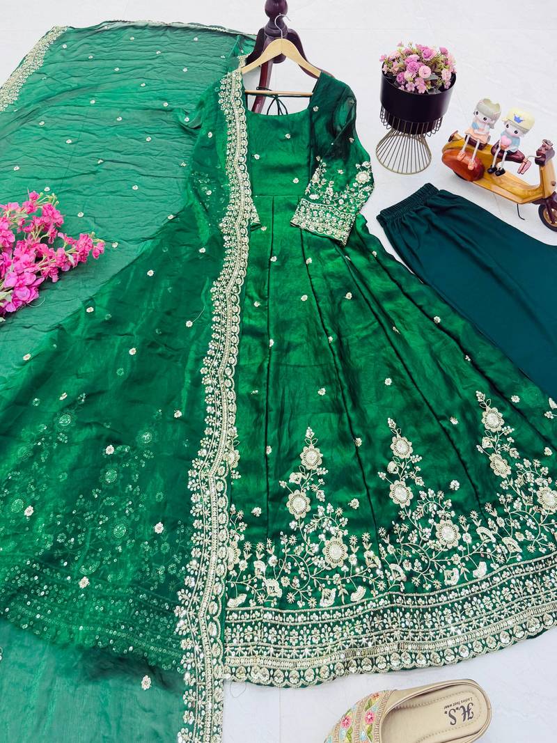 Green fendy silk embroidered stitched kurta set