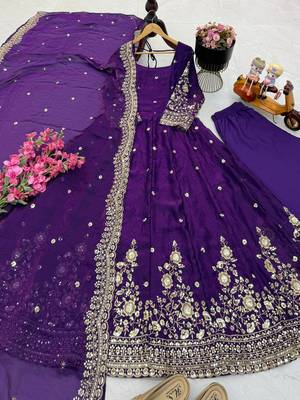 Purple fendy silk embroidered stitched kurta set 1