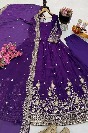 Purple fendy silk embroidered stitched kurta set