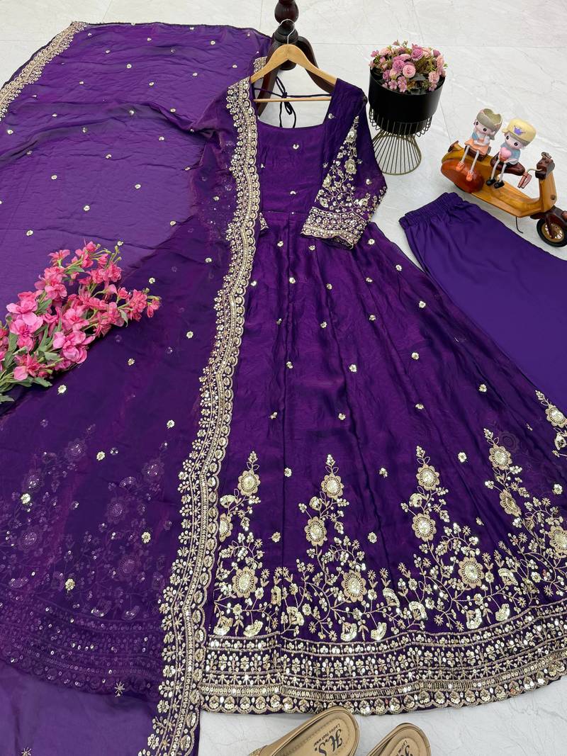 Purple fendy silk embroidered stitched kurta set