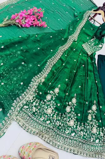 Green fendy silk embroidered stitched kurta set