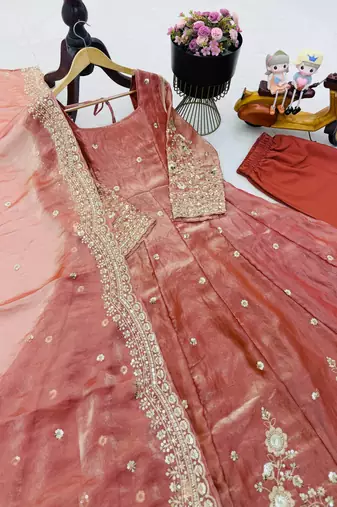 Onion pink fendy silk embroidered stitched kurta set