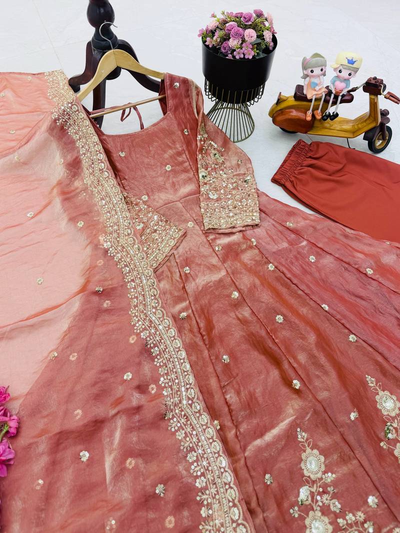 Onion pink fendy silk embroidered stitched kurta set
