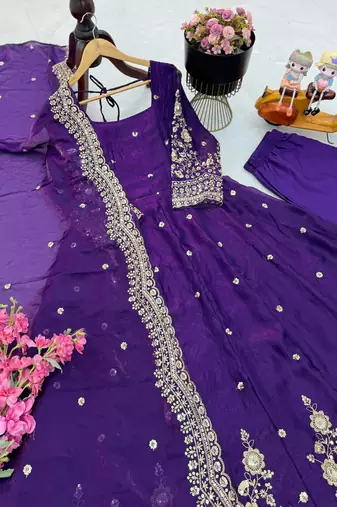 Purple fendy silk embroidered stitched kurta set
