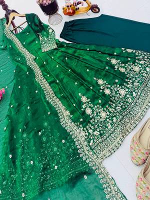 Green fendy silk embroidered stitched kurta set 3