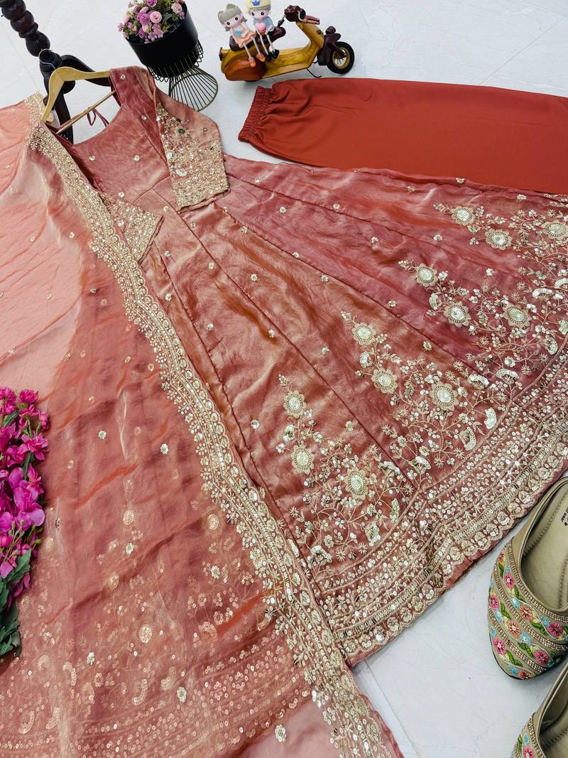 Onion pink fendy silk embroidered stitched kurta set