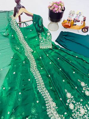 Green fendy silk embroidered stitched kurta set 4