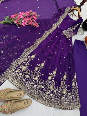 Purple fendy silk embroidered stitched kurta set 4