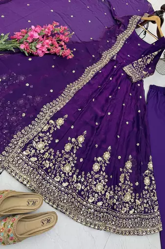 Purple fendy silk embroidered stitched kurta set