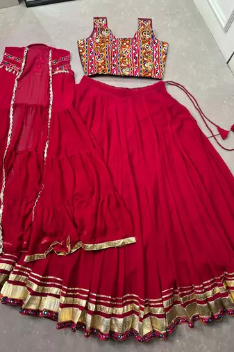 Rani Pink Gamthi Work Lehenga Choli with Mirror Long Koti - Full stitched free size
