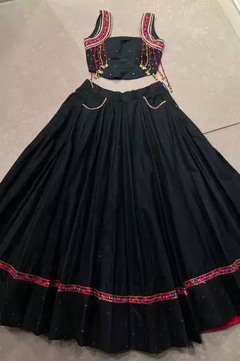 Premium Black Pure Cotton Mirror Work Lehenga with Kutchi Lace & Handmade Tassels