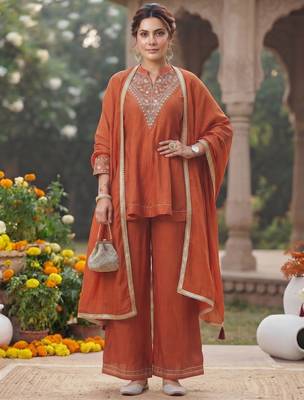 women's vichita silk embroidered anarkali kurta with palazzo and dupatta set 1