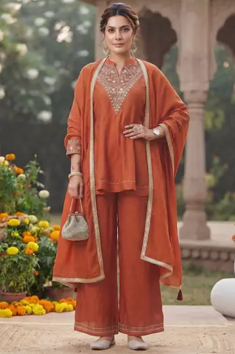 women's vichita silk embroidered anarkali kurta with palazzo and dupatta set