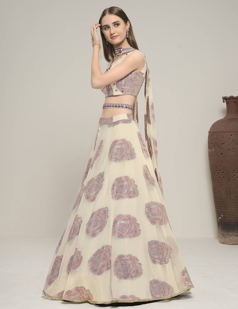 Off White Color Jacquar base Lehenga Choli with Dupatta & Belt