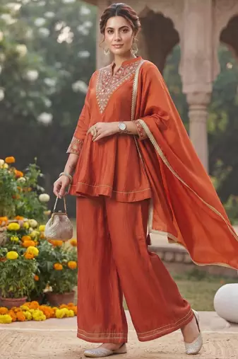 women's vichita silk embroidered anarkali kurta with palazzo and dupatta set