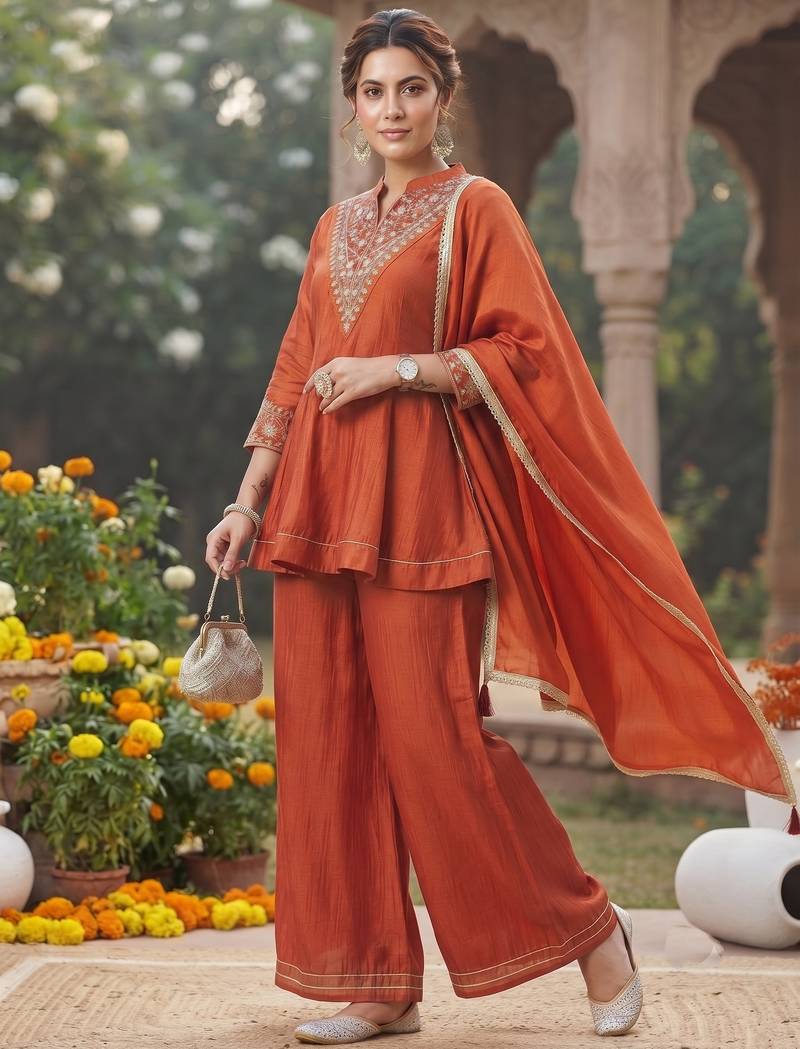 women's vichita silk embroidered anarkali kurta with palazzo and dupatta set